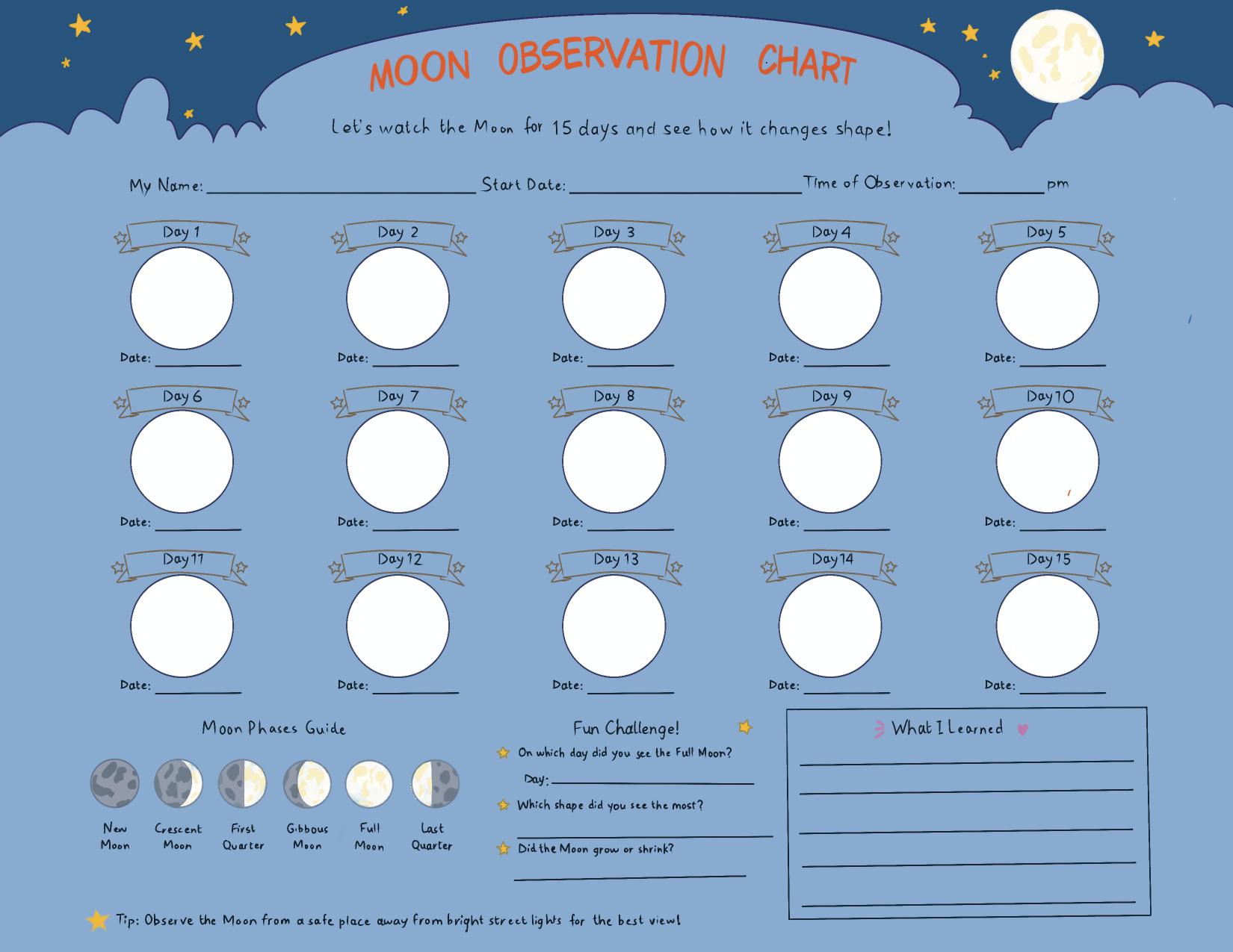 Inside pages of Dream Big, Little Scientist — moon observation chart and activities