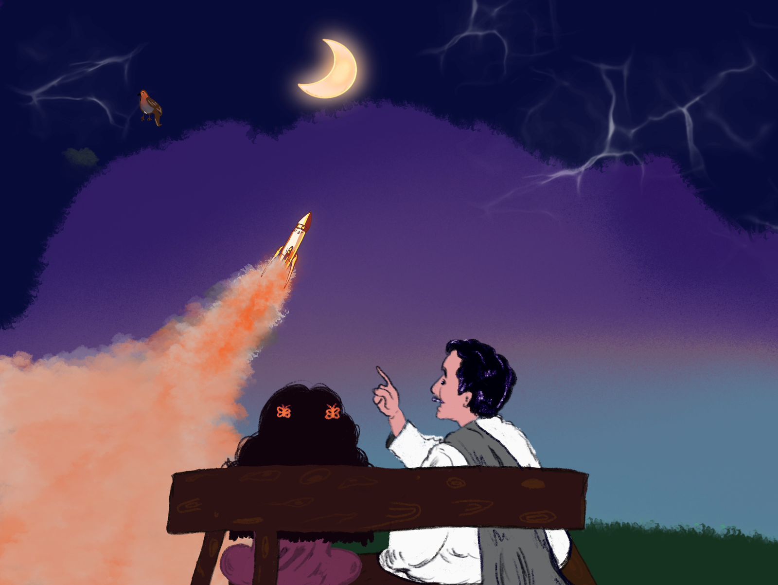 Radha and Grandpa watching a rocket launch